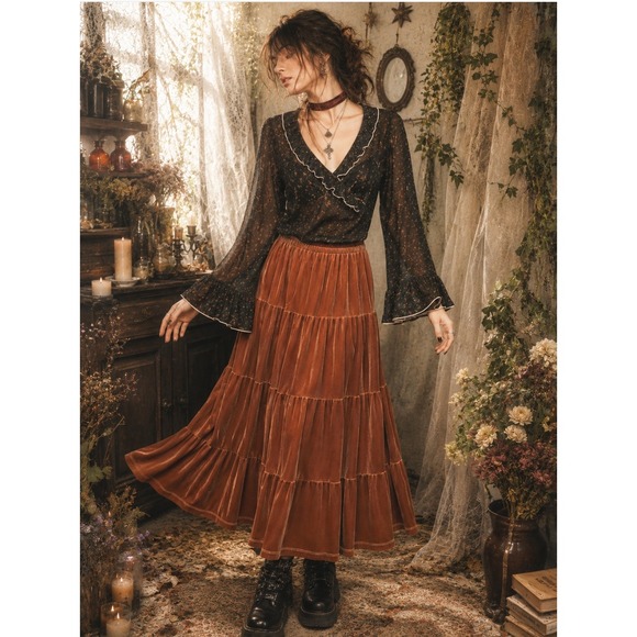 White Stag Dresses & Skirts - Vintage Y2K Rust Brown Velvet Tiered Midi Skirt Fairy Grunge NWT M Whimsigoth